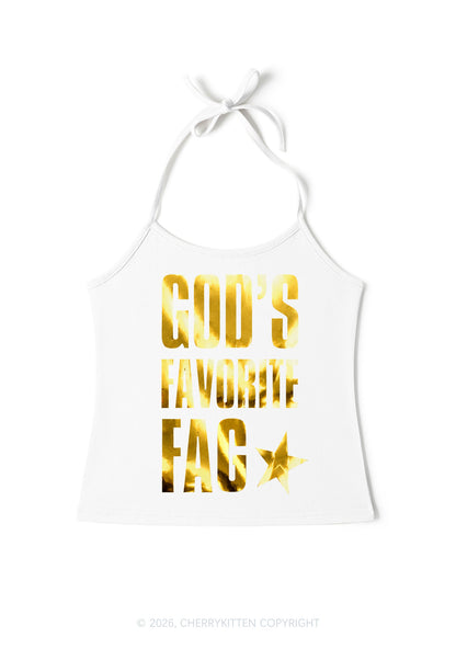 Gods Favorite Fag Pride Silver Foil Printed Y2K Halter Neck Cami Cherrykitten