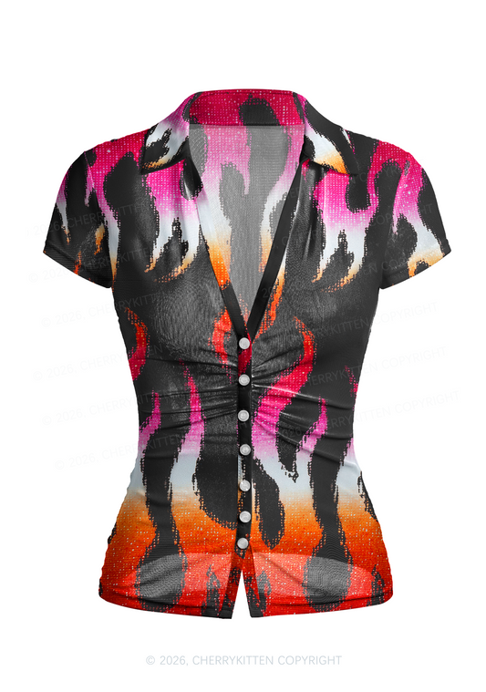 Lesbian Flame Pride Y2K Mesh Ruched  Waist  V Neck Top Cherrykitten
