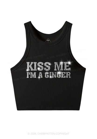 Rhinestone Kiss Me Im Ginger St Patricks Y2K Crop Tank Top Cherrykitten