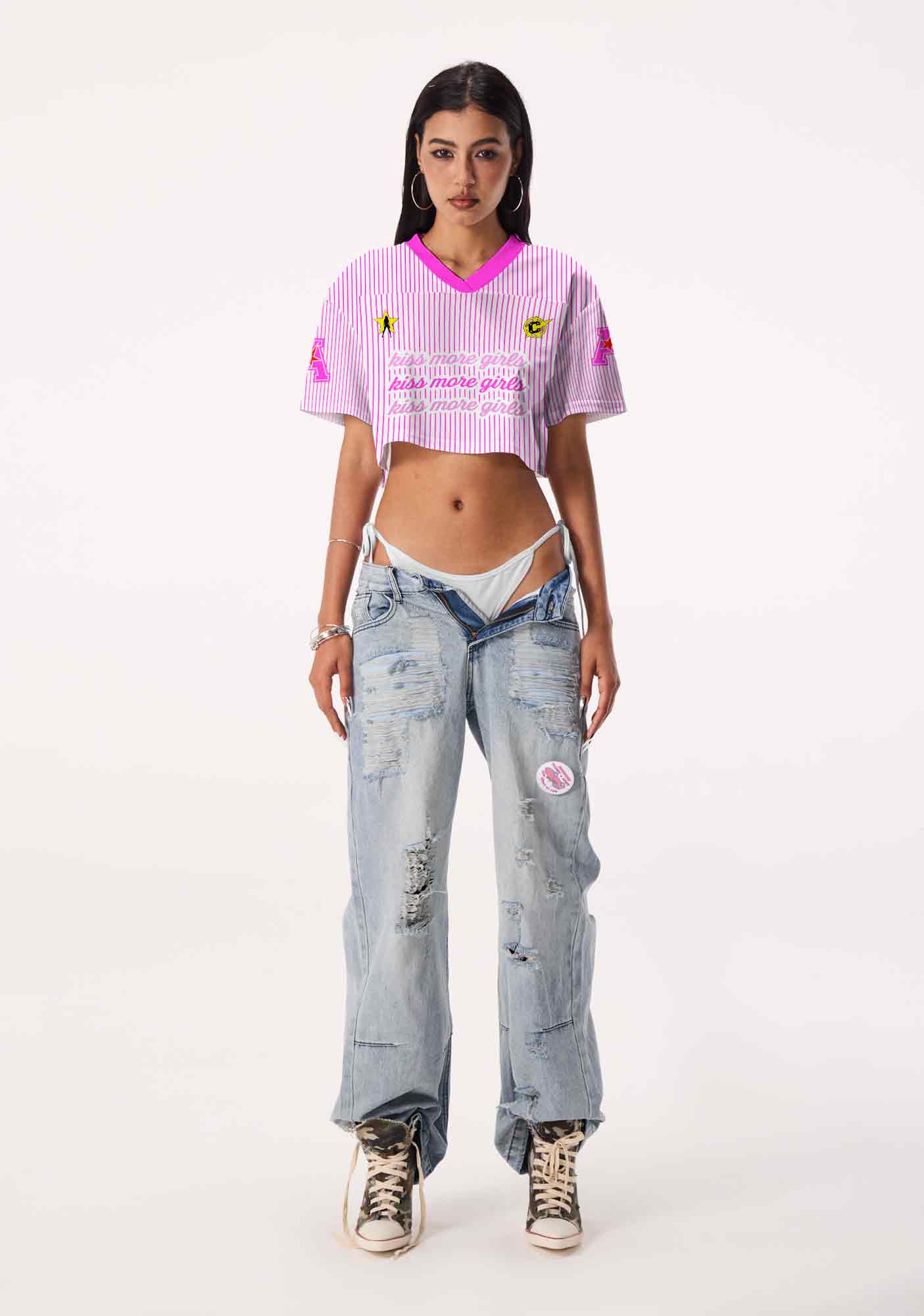 Kiss More Girls Pink Stripes Pride Y2K Crop Sport Jersey Shirts Cherrykitten