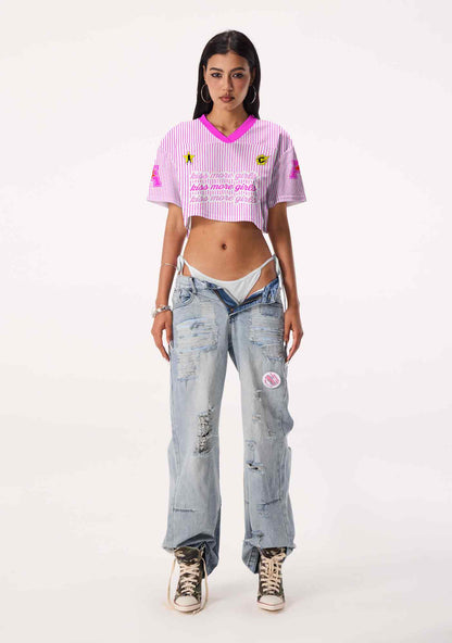 Kiss More Girls Pink Stripes Pride Y2K Crop Sport Jersey Shirts Cherrykitten