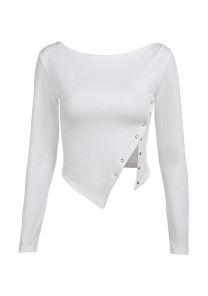 Slanted Shoulder Slit Long Sleeve Solid Color Top Cherrykitten