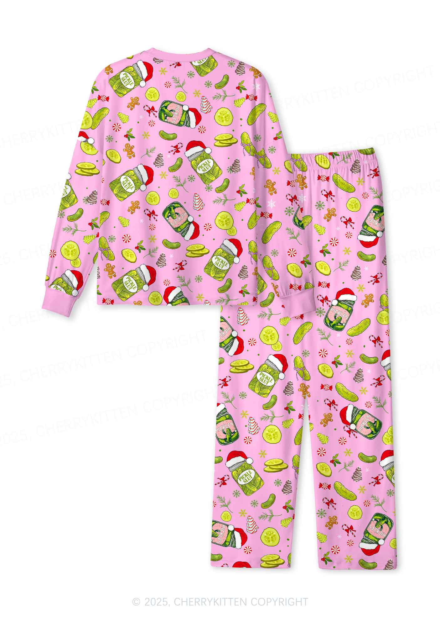 Christmas Santa Hat Pickle Y2K Print Long Sleeve Pajama Set Cherrykitten