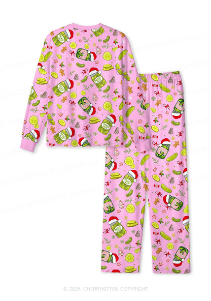 Christmas Santa Hat Pickle Y2K Print Long Sleeve Pajama Set Cherrykitten