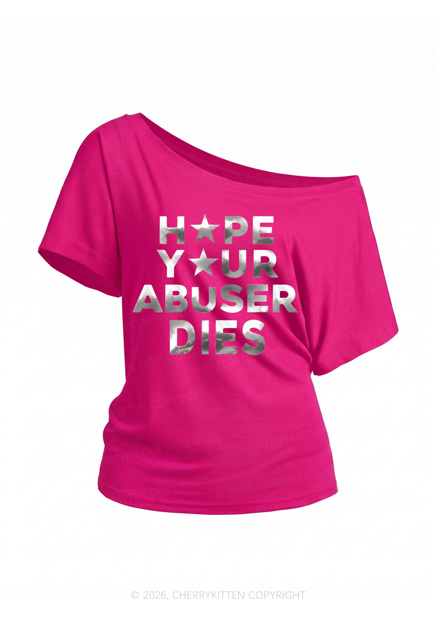 Abuser Dies Silver Foil Printed Y2K Off Shoulder Tee Cherrykitten