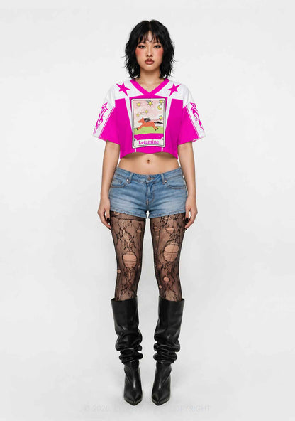 Hot Pink K Pony Y2K Crop Sport Jersey Shirts Cherrykitten