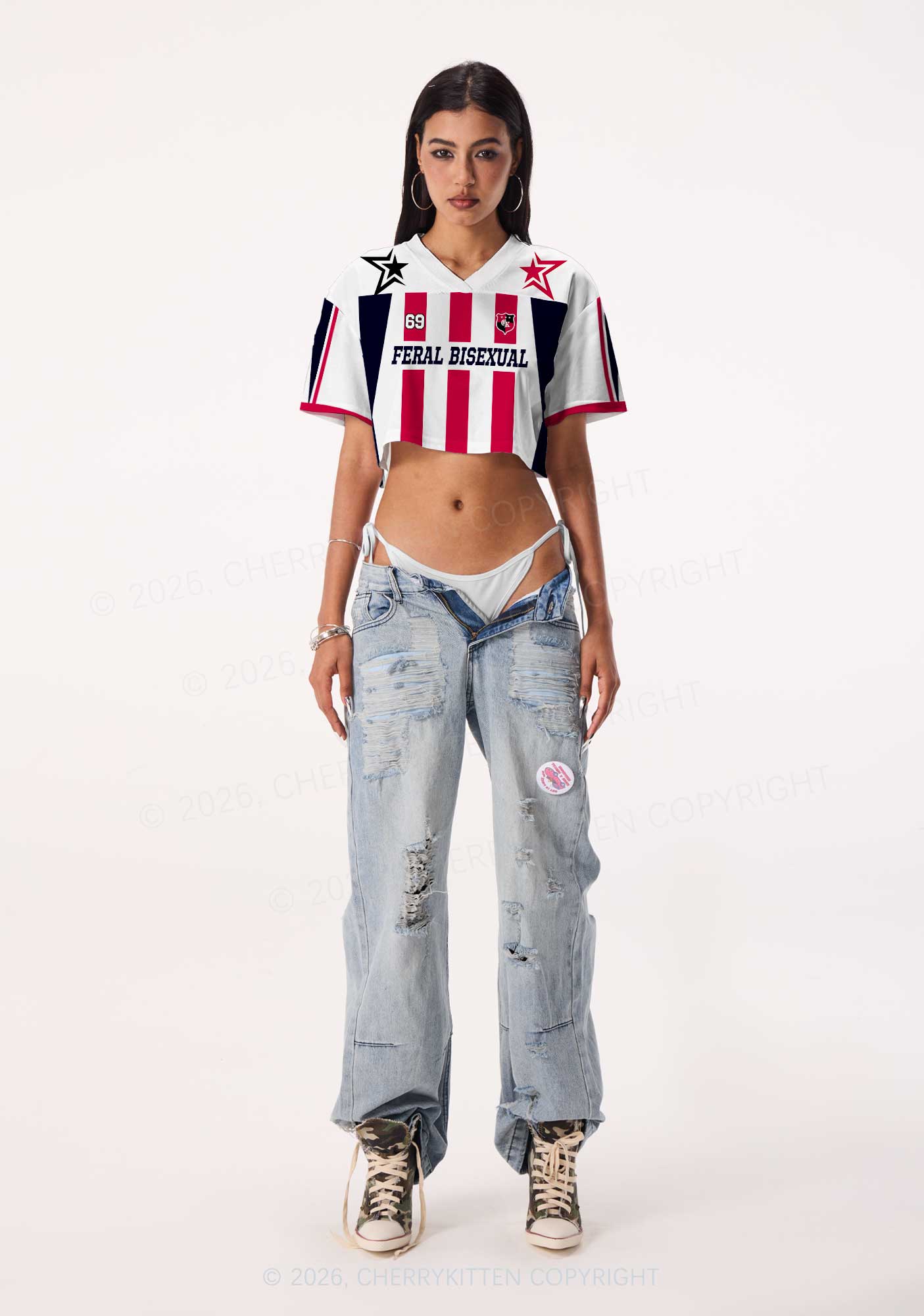 Feral Bisexual Pride Y2K Crop Sport Jersey Shirts Cherrykitten