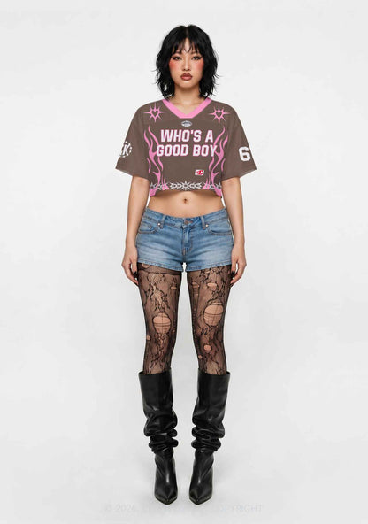 Brown Whos A Good Boy Y2K Crop Sport Jersey Shirts Cherrykitten