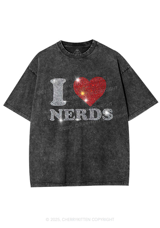 Rhinestone I Love Nerds Y2K Shirts Washed Tee Cherrykitten