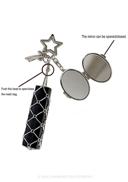 Pink Leopard 1pc Y2K Metal Mesh Lipstick Holder Keychain With Mirror Cherrykitten
