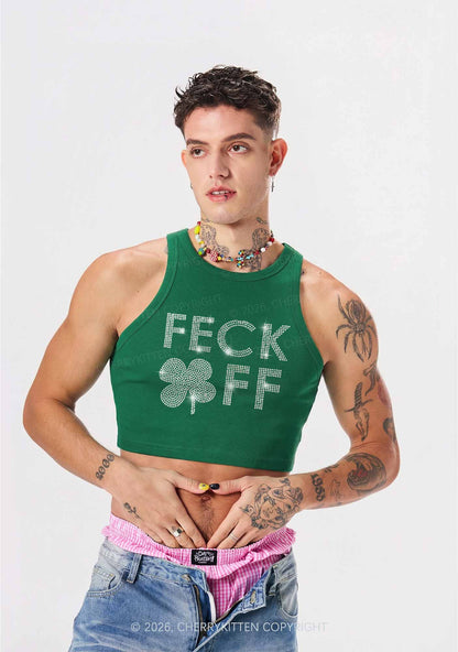 Rhinestone Feck Off St Patricks Y2K Crop Tank Top Cherrykitten