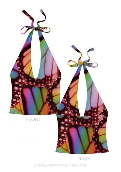 Rainbow Butterfly Wing Pride Y2K Print Halter Deep V Neck Cami Cherrykitten