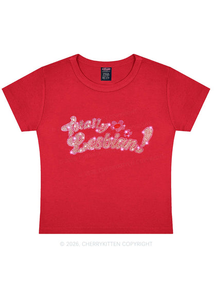 Rhinestone Totally Lesbian Pride Y2K Baby Tee Cherrykitten