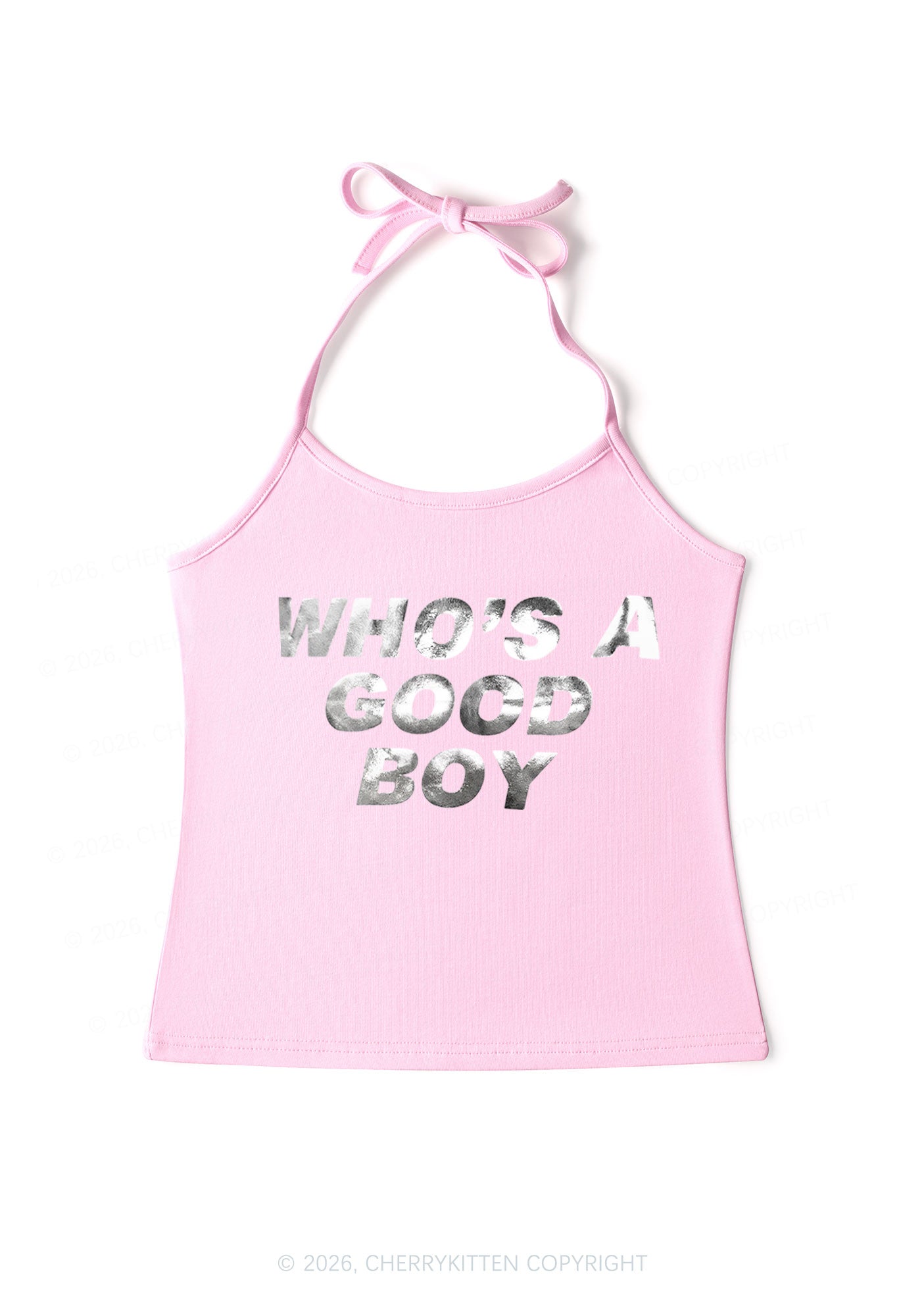 Whos A Good Boy Silver Foil Printed Y2K Halter Neck Cami Cherrykitten