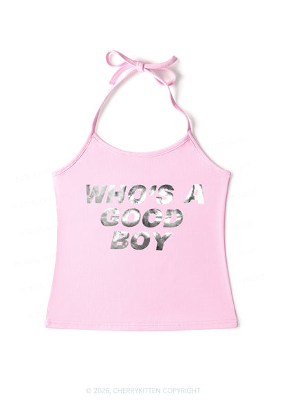 Whos A Good Boy Silver Foil Printed Y2K Halter Neck Cami Cherrykitten