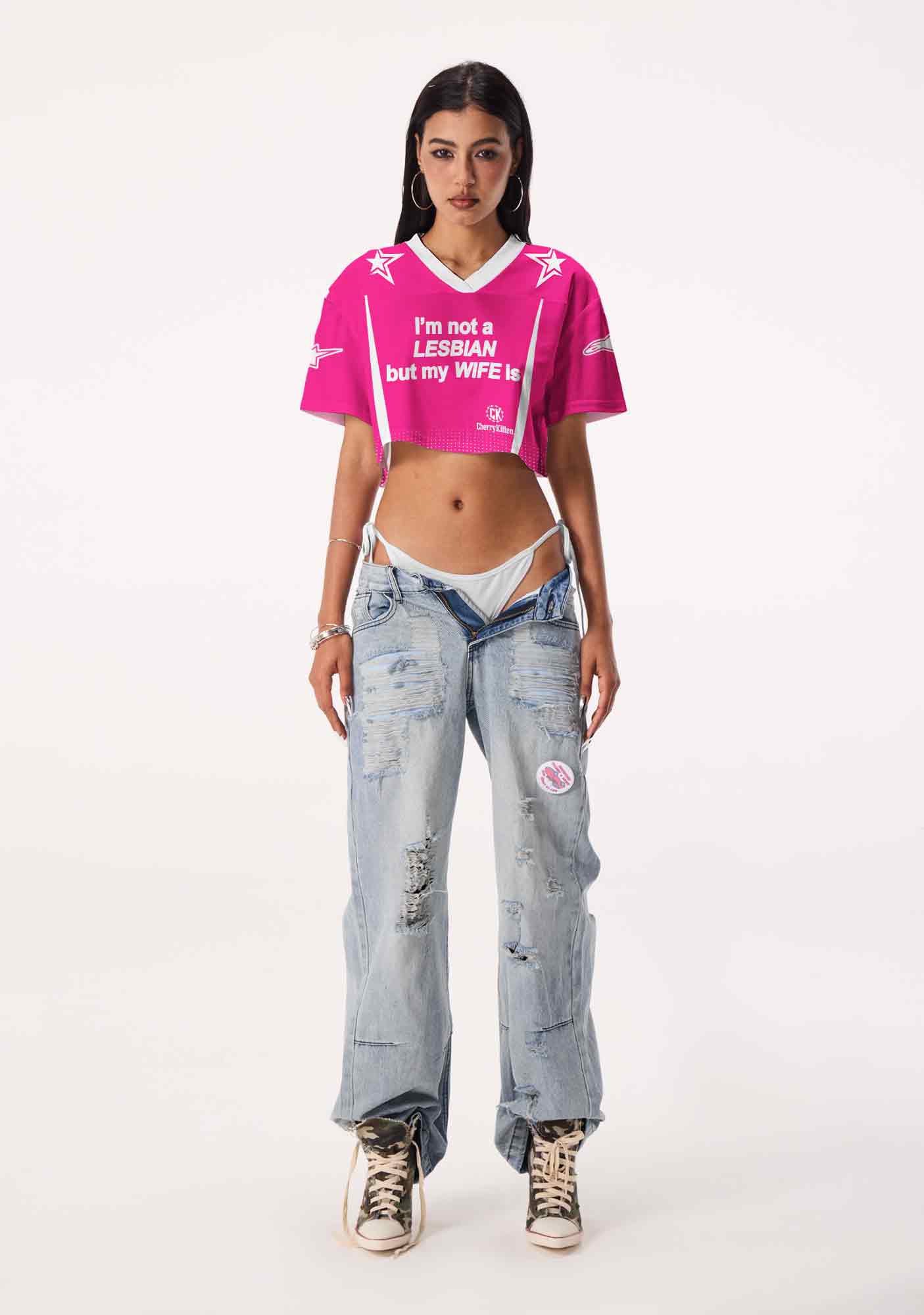 Im Not Lesbian But My Wife Is Pride Y2K Crop Sport Jersey Shirts Cherrykitten
