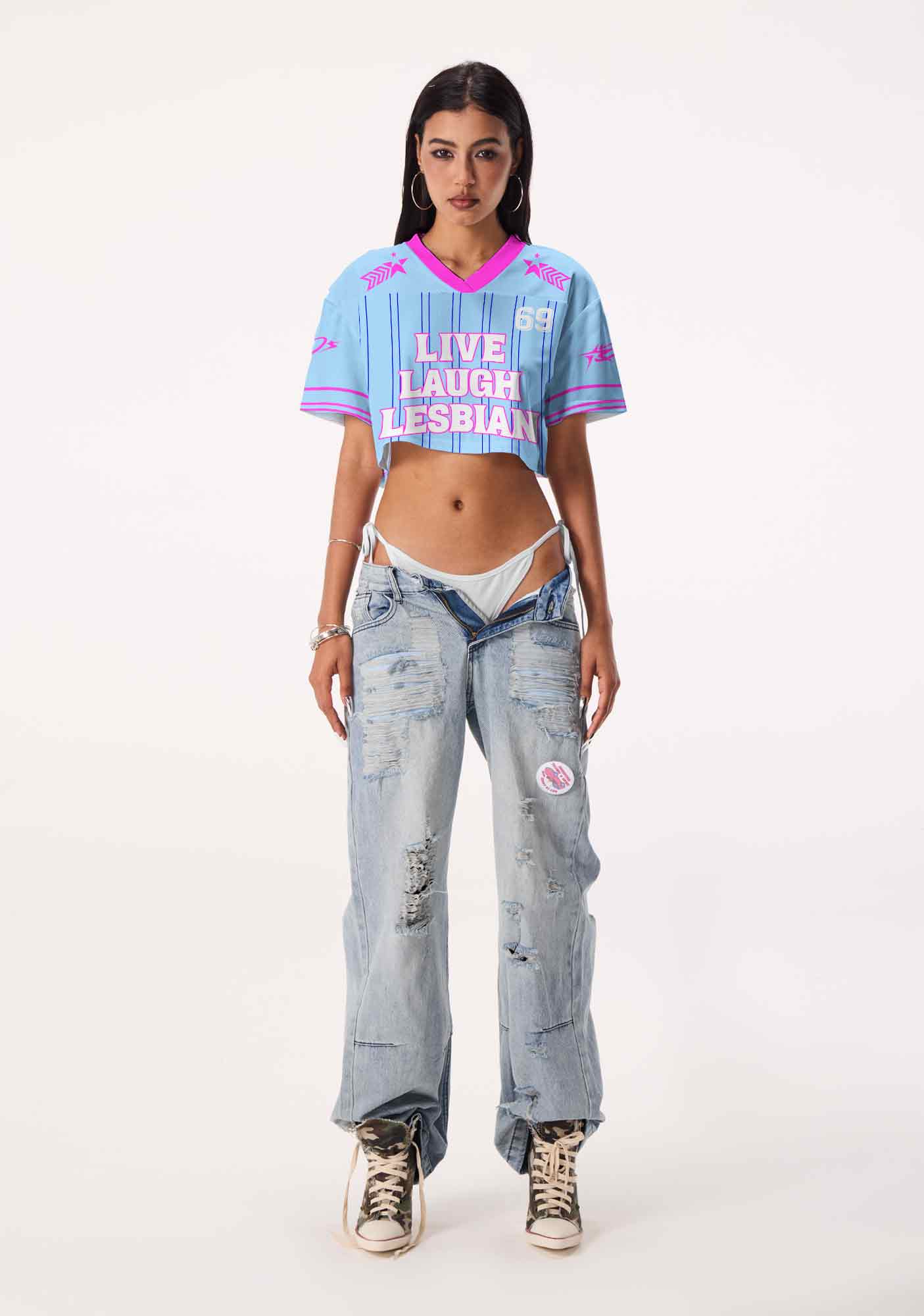 Blue Live Laugh Lesbian Pride Y2K Crop Sport Jersey Shirts Cherrykitten