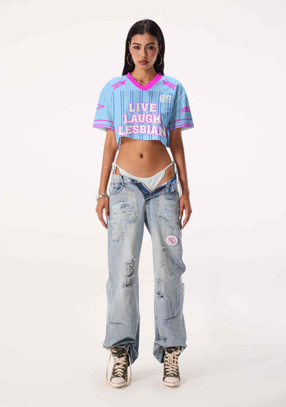 Blue Live Laugh Lesbian Pride Y2K Crop Sport Jersey Shirts Cherrykitten