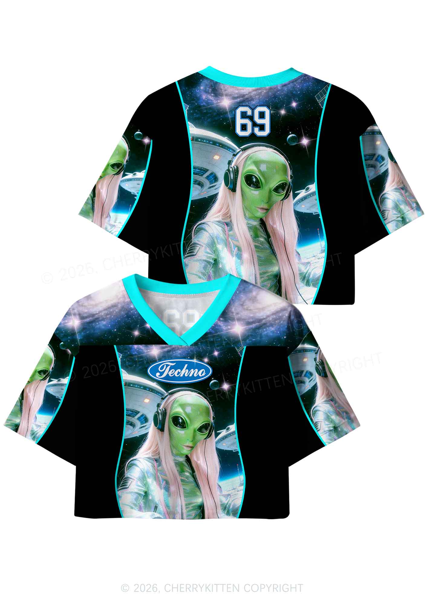 Techno Alien DJ Y2K Crop Sport Jersey Shirts Cherrykitten