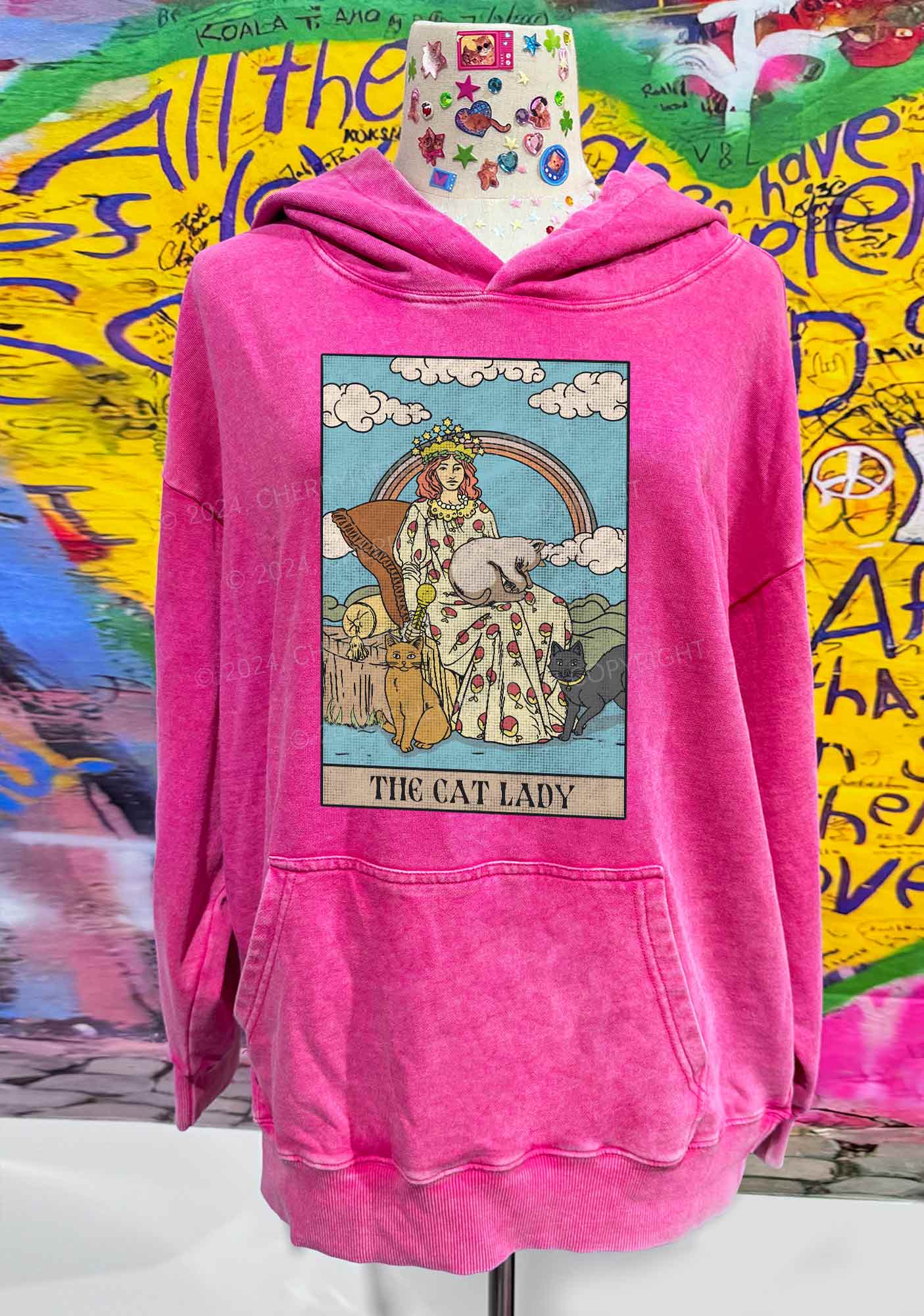 The Cat Lady Y2K Washed Hoodie Cherrykitten
