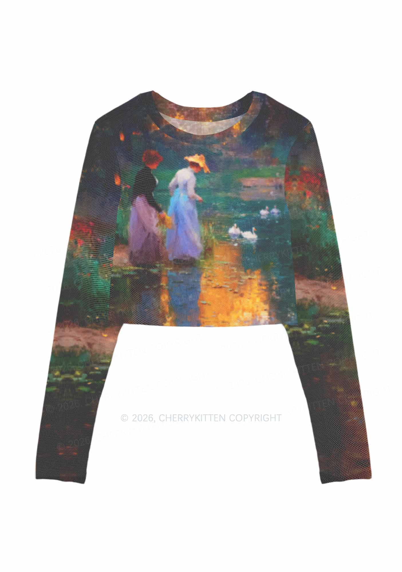 Sunset Pond Swans Pride Y2K Mesh Long Sleeve Crop Top Cherrykitten