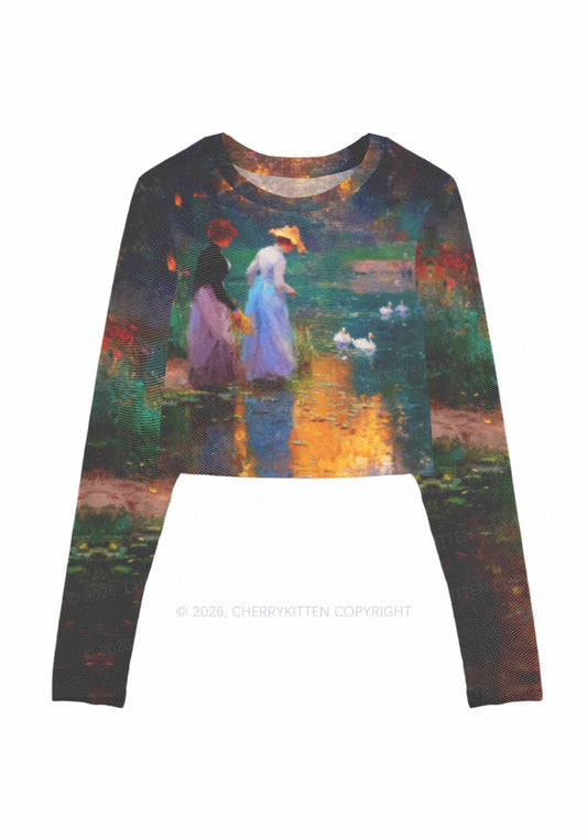 Sunset Pond Swans Pride Y2K Mesh Long Sleeve Crop Top Cherrykitten
