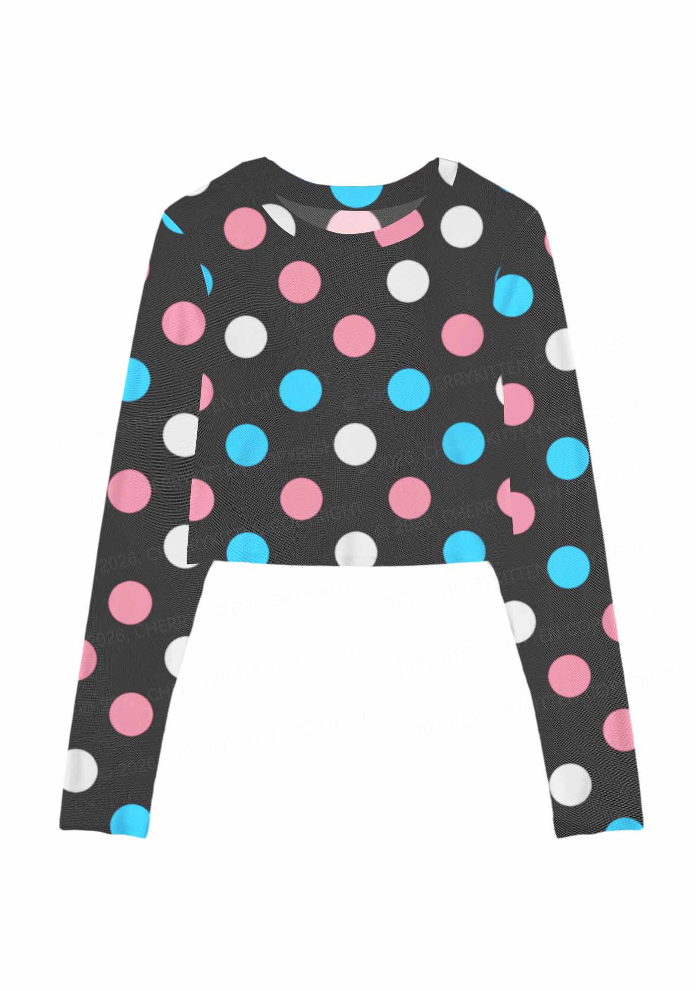 Trans Dots On Black Pride Y2K Mesh Long Sleeve Crop Top Cherrykitten