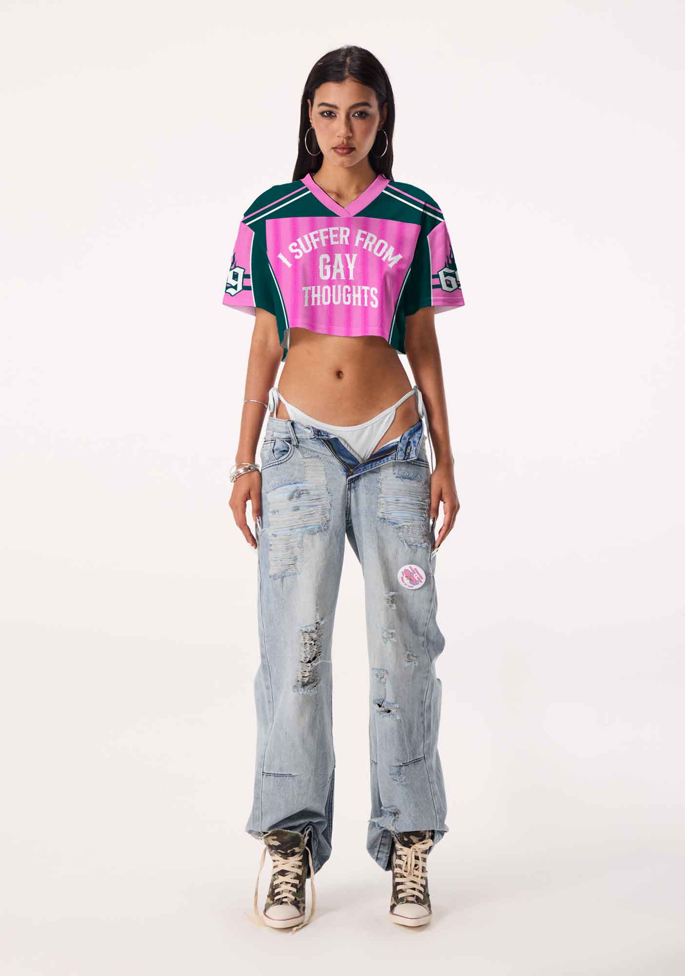 Pink Green Gay Thoughts Pride Y2K Crop Sport Jersey Shirts Cherrykitten