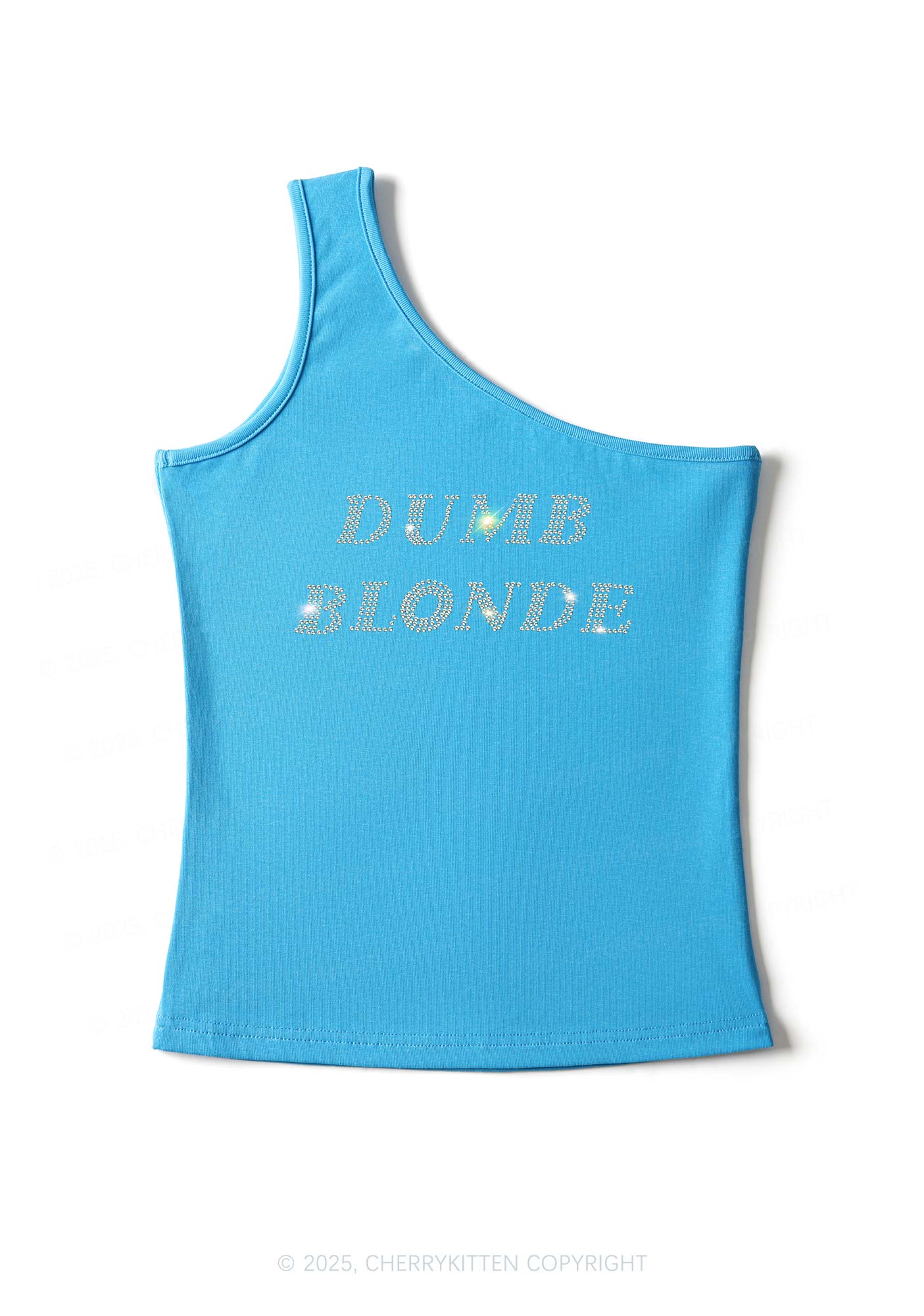 Rhinestone Dumb Blonde Y2K One Shoulder Tank Top Cherrykitten