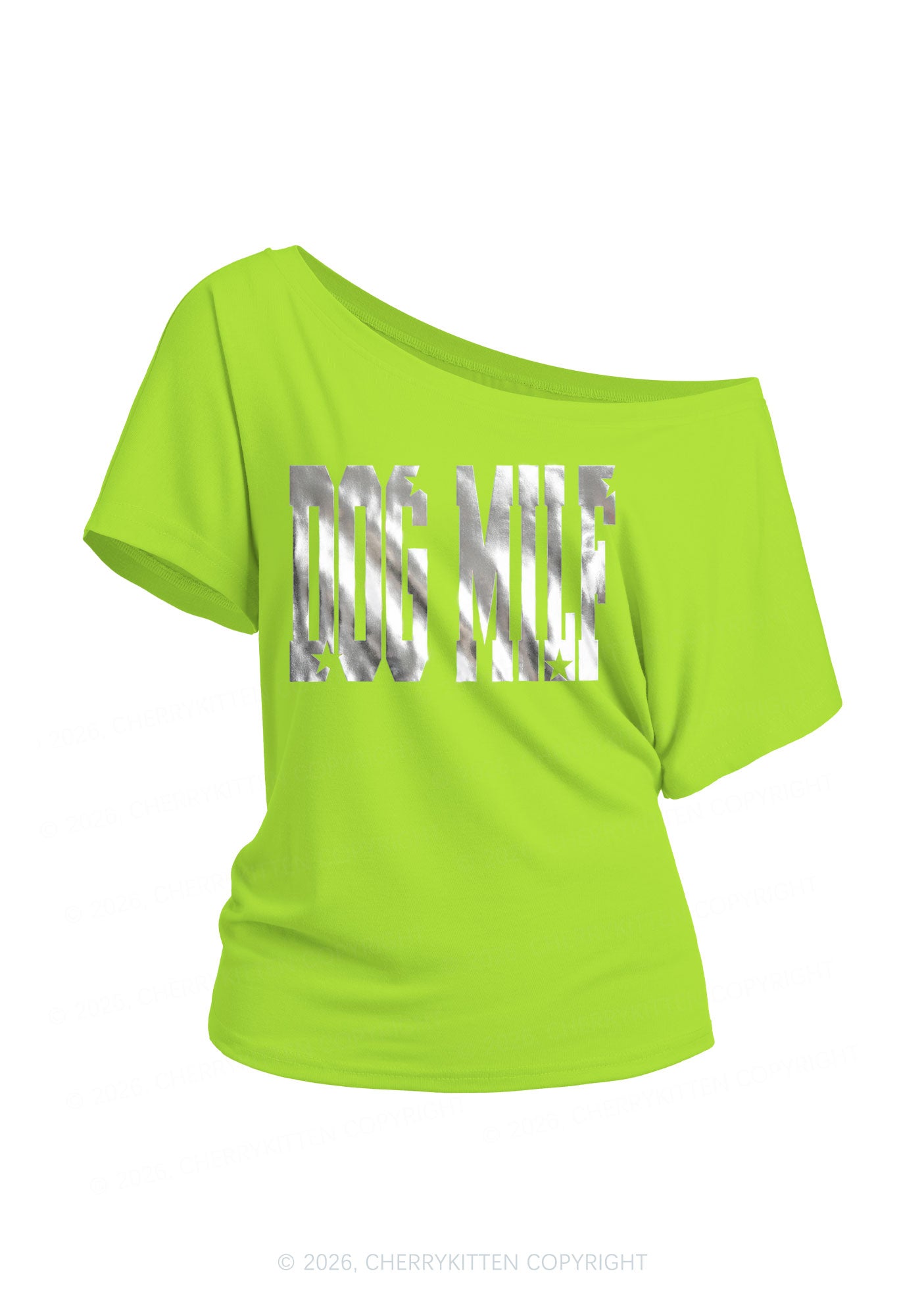 Dog Mxxf Silver Foil Printed Y2K Off Shoulder Tee Cherrykitten