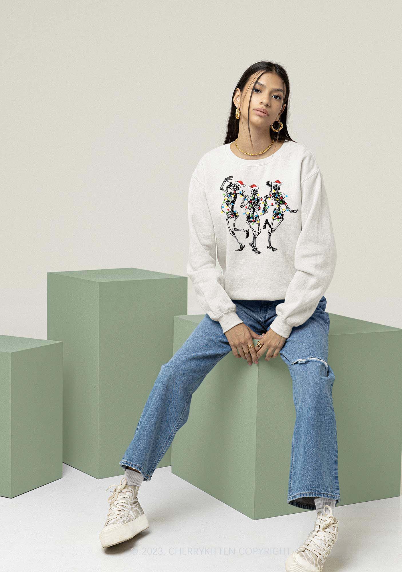 Christmas Dancing Skeletons Y2K Sweatshirt Cherrykitten