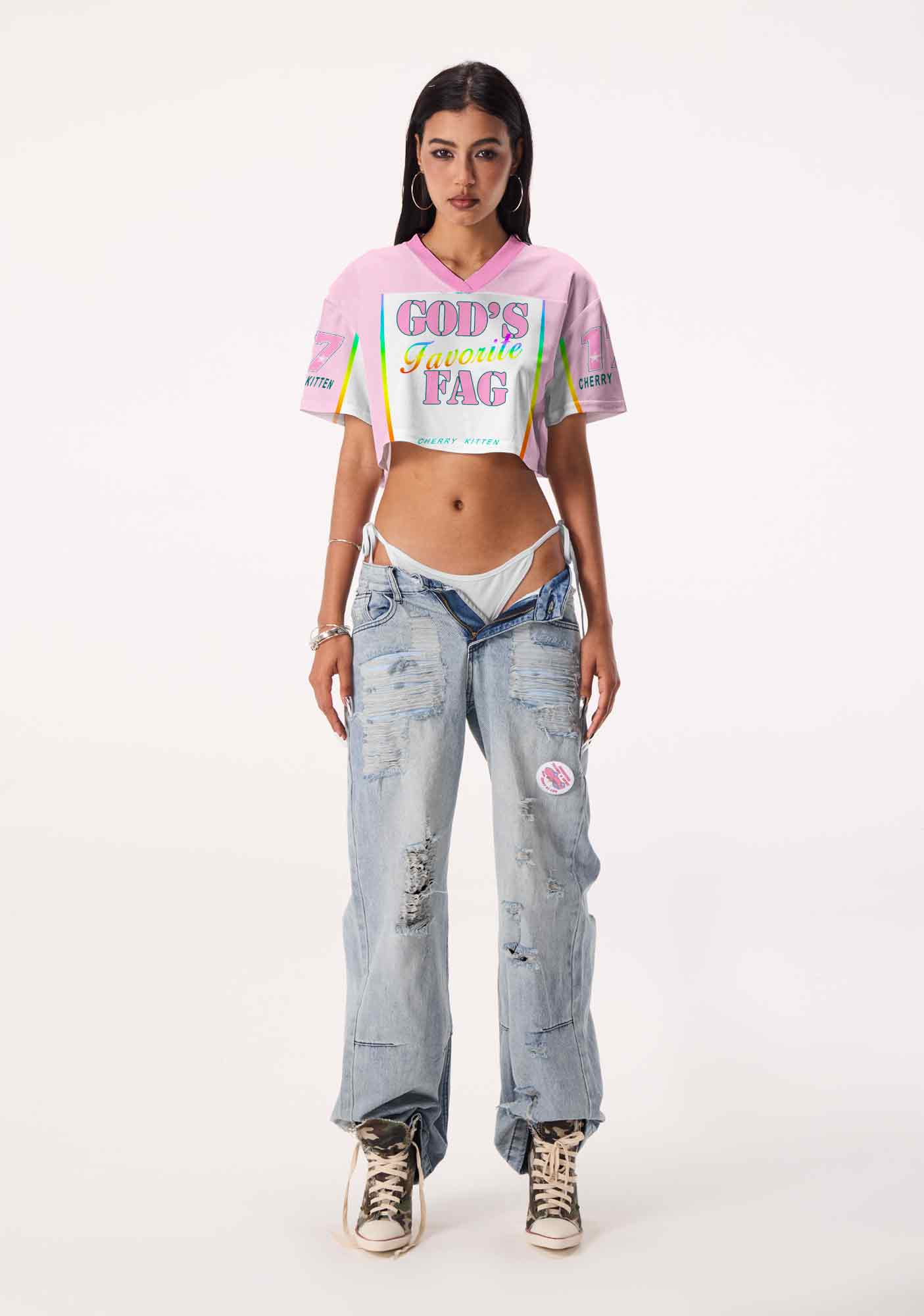 Rainbow Stripe Gods Favorite Fag Pride Y2K Crop Sport Jersey Shirts Cherrykitten