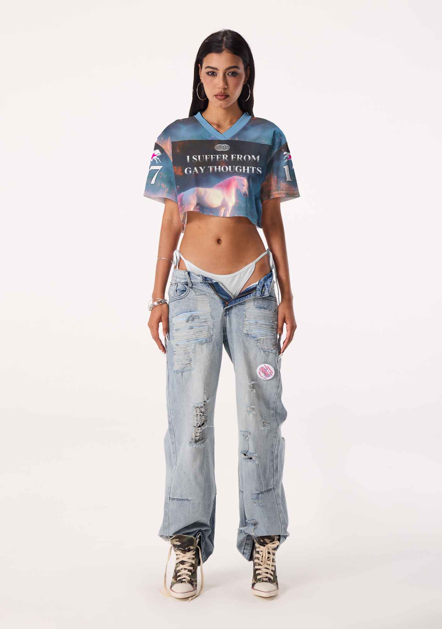 Pink Hair Horse Suffer From Gay Thoughts Pride Y2K Crop Sport Jersey Shirts Cherrykitten