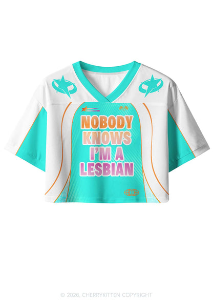 Nobody Knows Im Lesbian Pride Y2K Crop Sport Jersey Shirts Cherrykitten