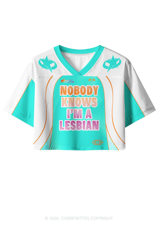 Nobody Knows Im Lesbian Pride Y2K Crop Sport Jersey Shirts Cherrykitten