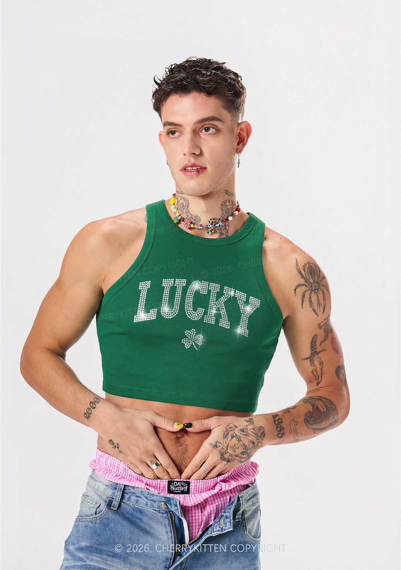 Rhinestone Lucky Shamrock St Patricks Y2K Crop Tank Top Cherrykitten