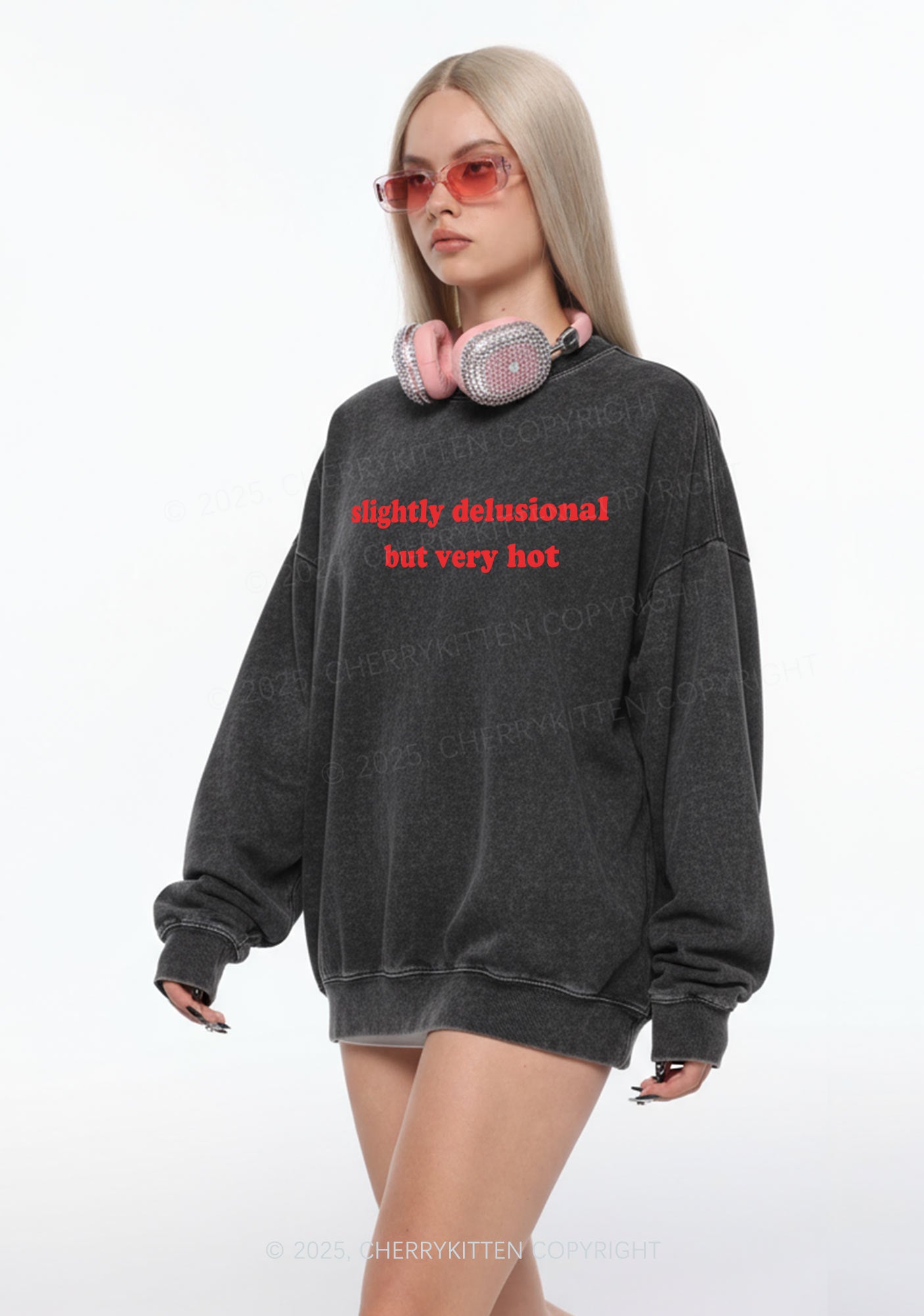 Slightly Delusional But Very Hot Y2K Washed Sweatshirts Cherrykitten