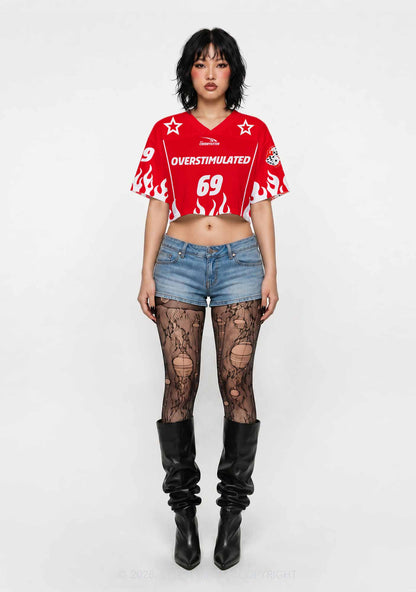 Red Flame Overstimulated Y2K Crop Sport Jersey Shirts Cherrykitten