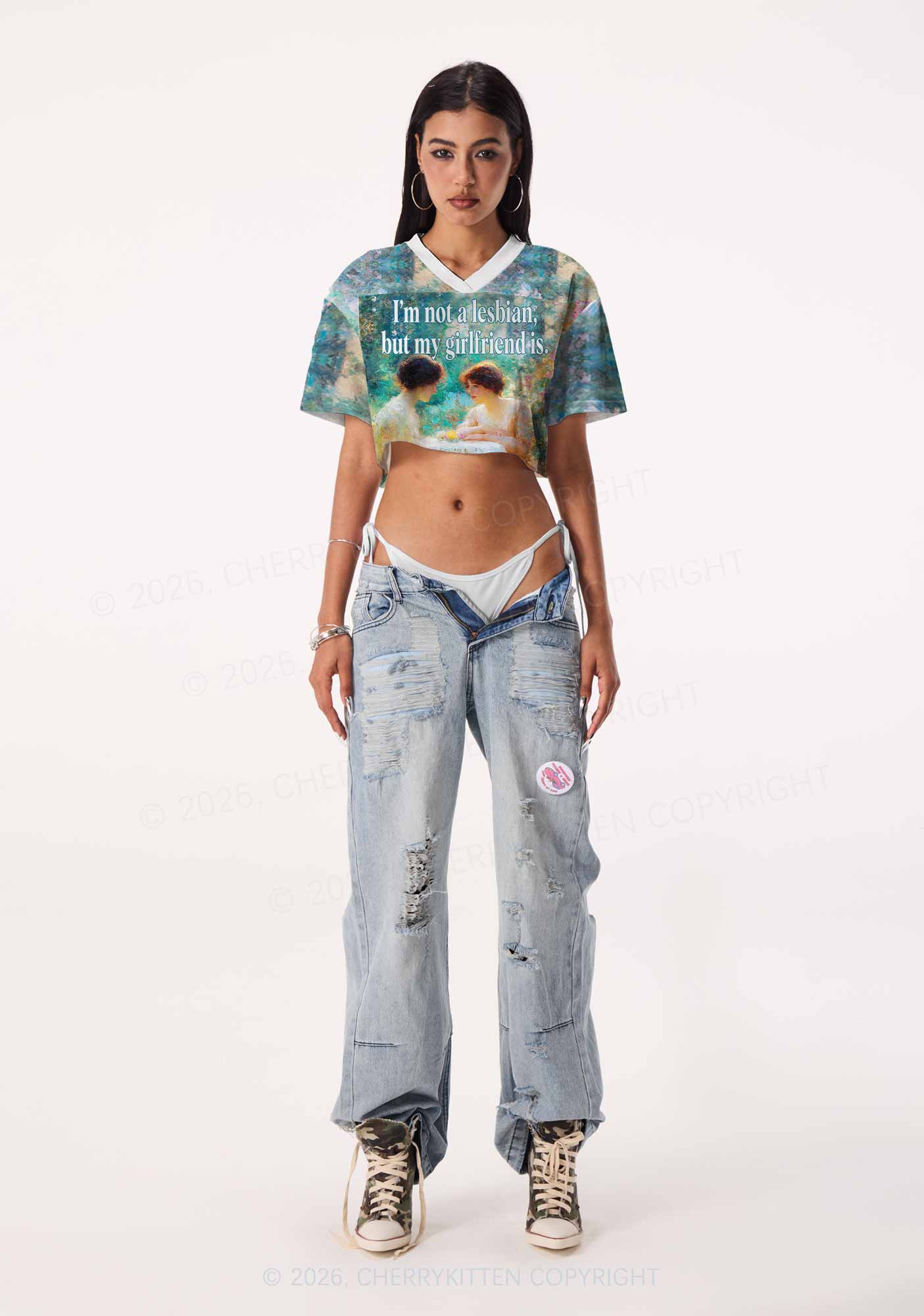 Mint Green Im Not A Lesbian Pride Y2K Crop Sport Jersey Shirts Cherrykitten