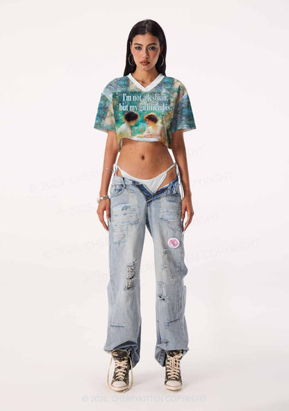 Mint Green Im Not A Lesbian Pride Y2K Crop Sport Jersey Shirts Cherrykitten
