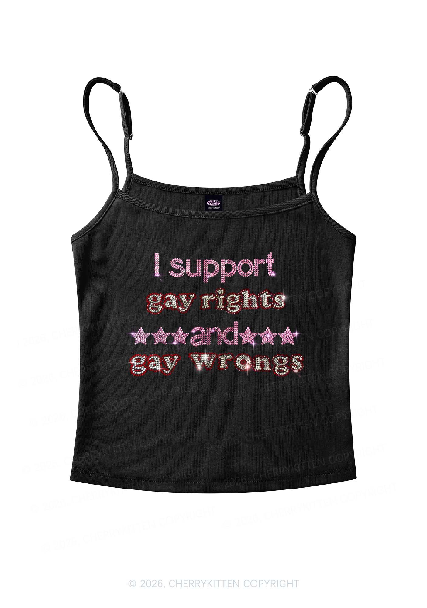 Rhinestone I Support Gay Rights Y2K Spaghetti Strap Cami Cherrykitten