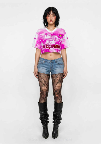 Mommy Needs A Cigarette Y2K Crop Sport Jersey Shirts Cherrykitten