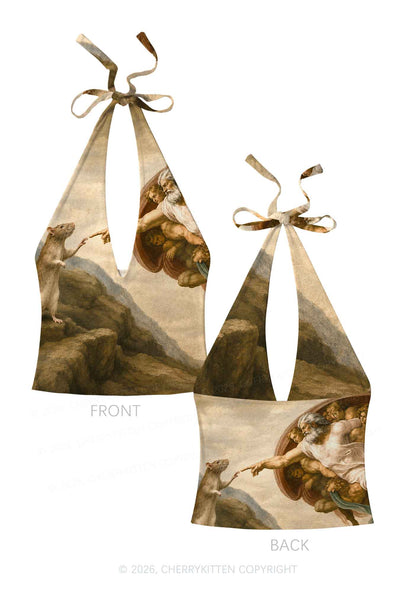 God Hand Touching Rat Y2K Print Halter Deep V Neck Cami Cherrykitten