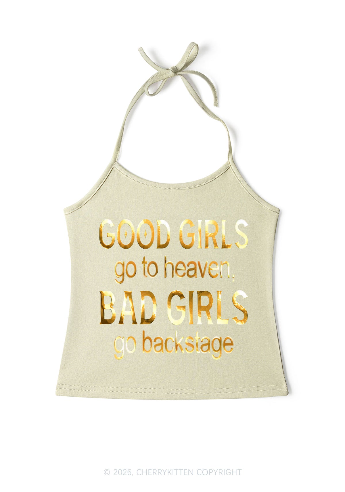 Bad Girls Go Backstage Silver Foil Printed Y2K Halter Neck Cami Cherrykitten