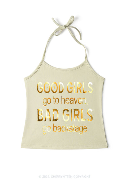 Bad Girls Go Backstage Silver Foil Printed Y2K Halter Neck Cami Cherrykitten