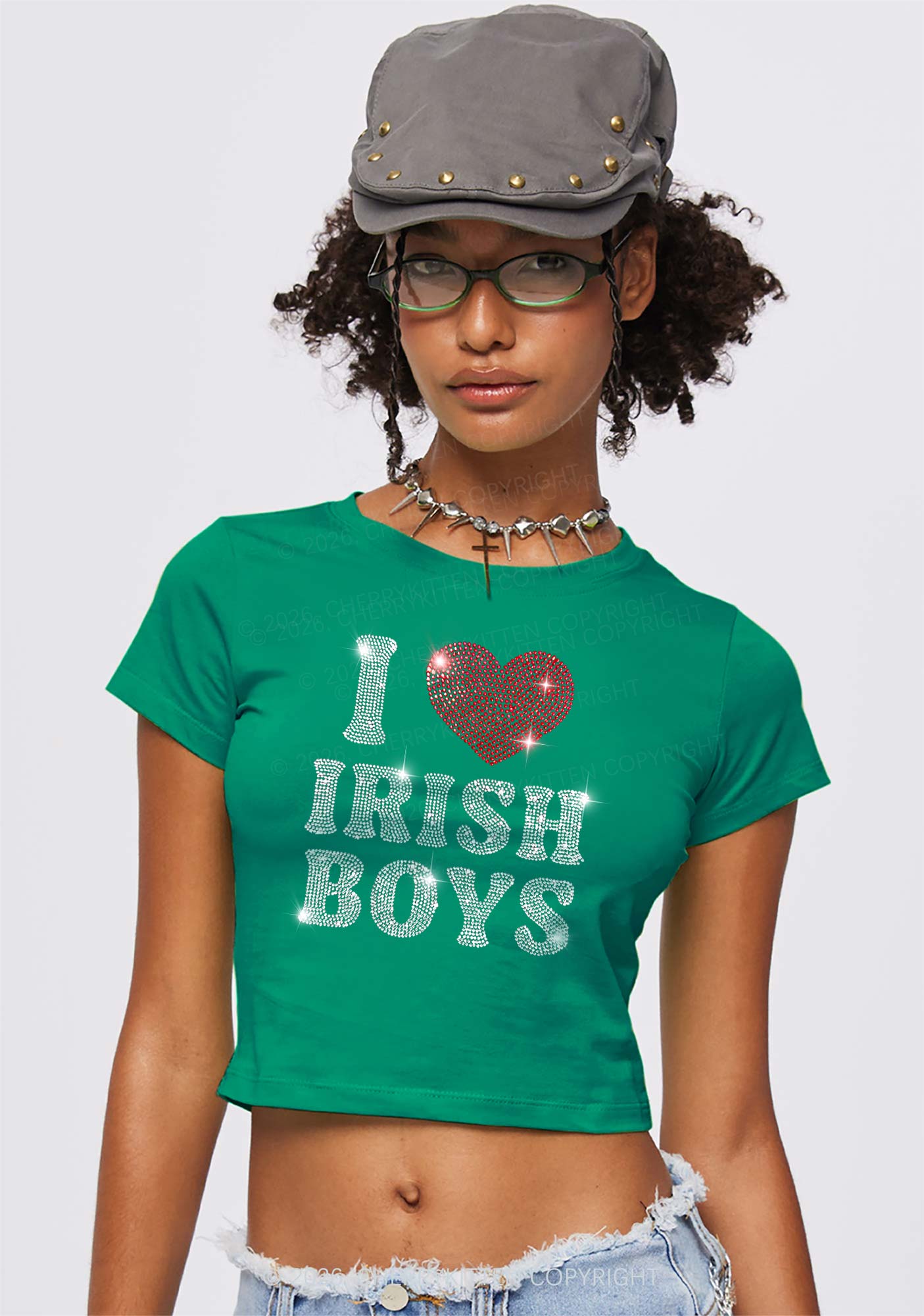 Rhinestone I Love Irish Boys St Patricks Y2K Baby Tee Cherrykitten