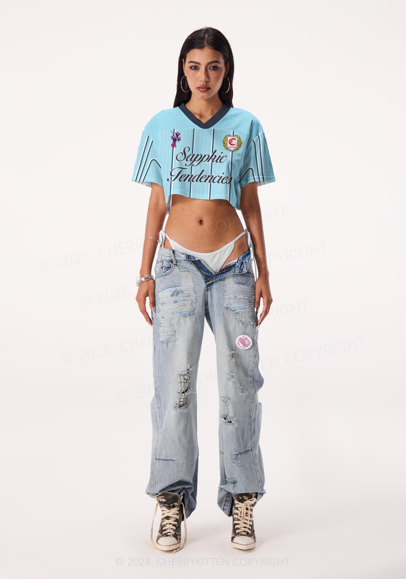Light Blue Sapphic Tendencies Pride Y2K Crop Sport Jersey Shirts Cherrykitten