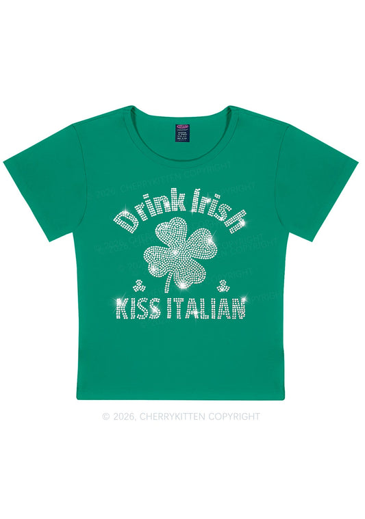 Rhinestone Drink Irish Kiss Italian St Patricks Y2K Baby Tee Cherrykitten