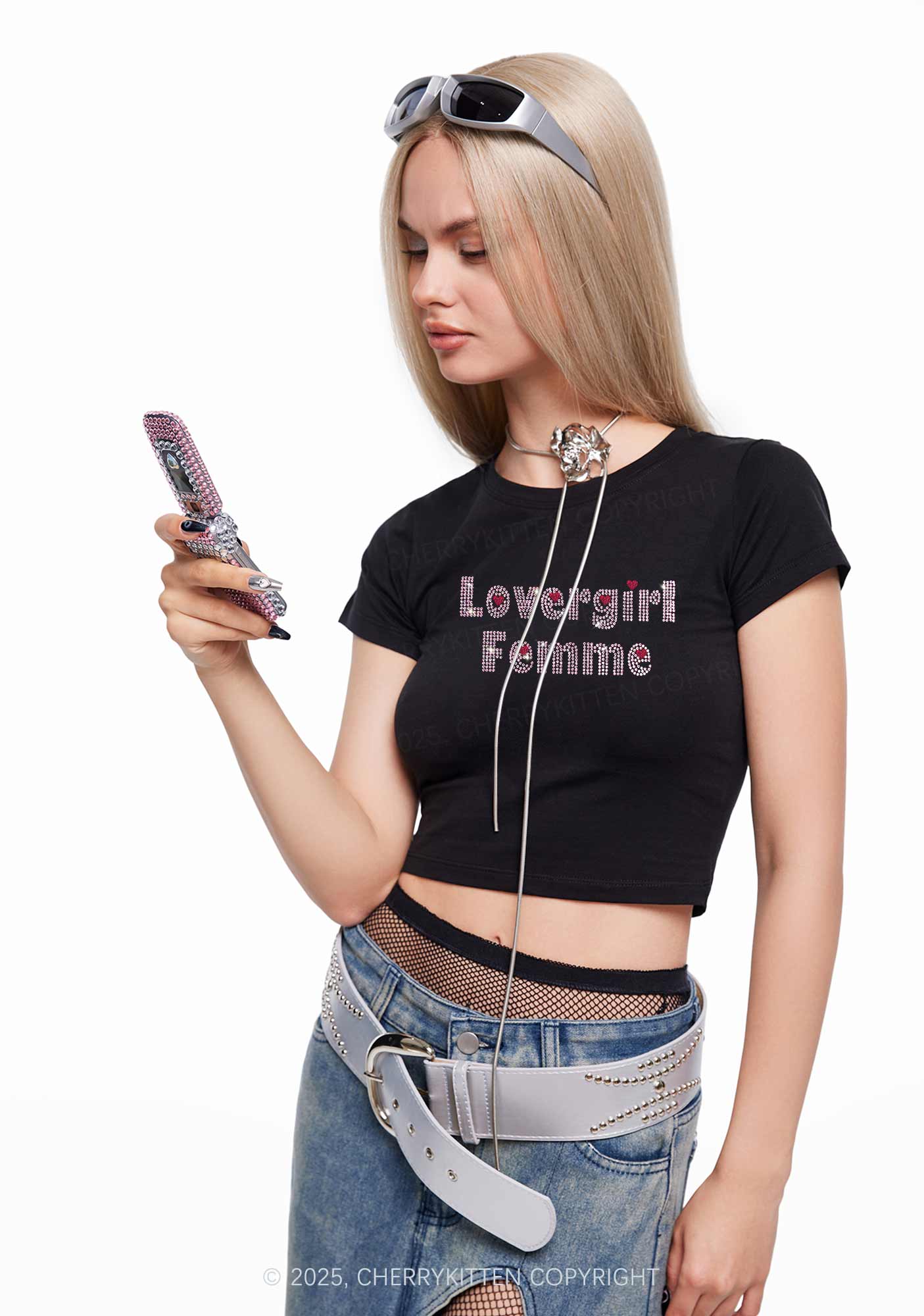 Rhinestone Lovergirl Femme Y2K Baby Tee Cherrykitten