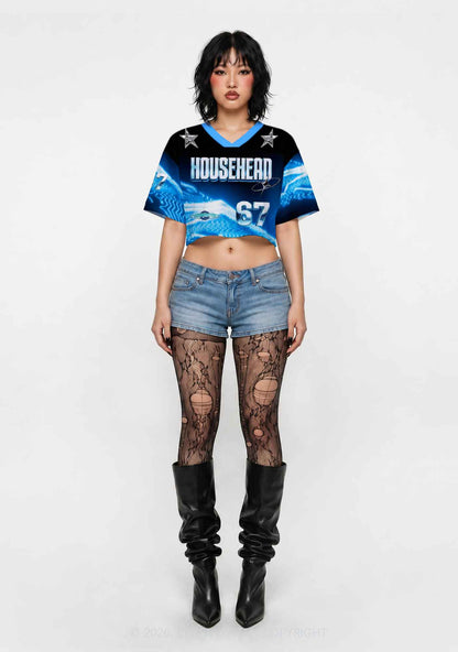 Blue Liquid Wave Househead Y2K Crop Sport Jersey Shirts Cherrykitten